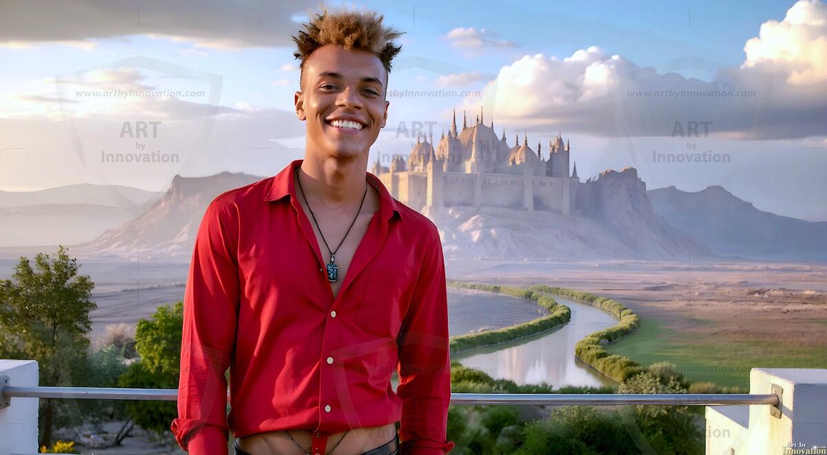 AI-generated Golden City Young Men — beautiful handsome young men in their teens and 20s on balconies overlooking a majestic golden heavenly city. 349 images by Jeff Dupler.