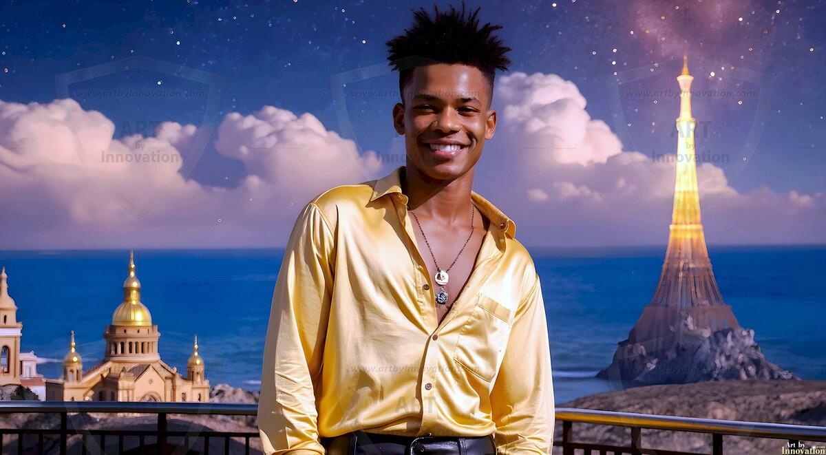 AI-generated Golden City Young Men — beautiful handsome young men in their teens and 20s on balconies overlooking a majestic golden heavenly city. 349 images by Jeff Dupler.