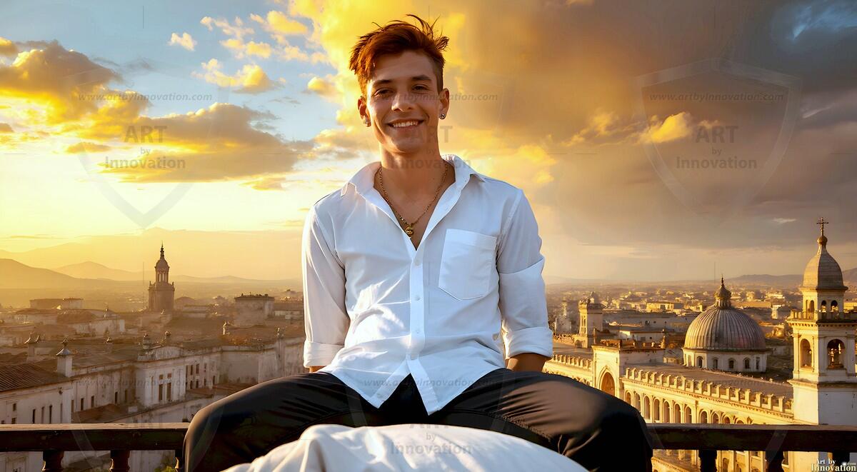 AI-generated Golden City Young Men — beautiful handsome young men in their teens and 20s on balconies overlooking a majestic golden heavenly city. 349 images by Jeff Dupler.