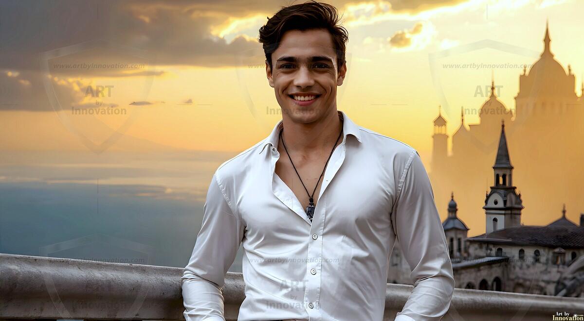AI-generated Golden City Young Men — beautiful handsome young men in their teens and 20s on balconies overlooking a majestic golden heavenly city. 349 images by Jeff Dupler.