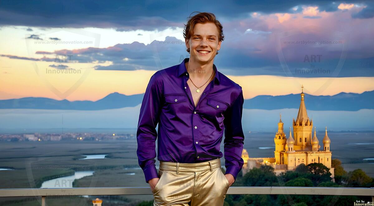 AI-generated Golden City Young Men — beautiful handsome young men in their teens and 20s on balconies overlooking a majestic golden heavenly city. 349 images by Jeff Dupler.