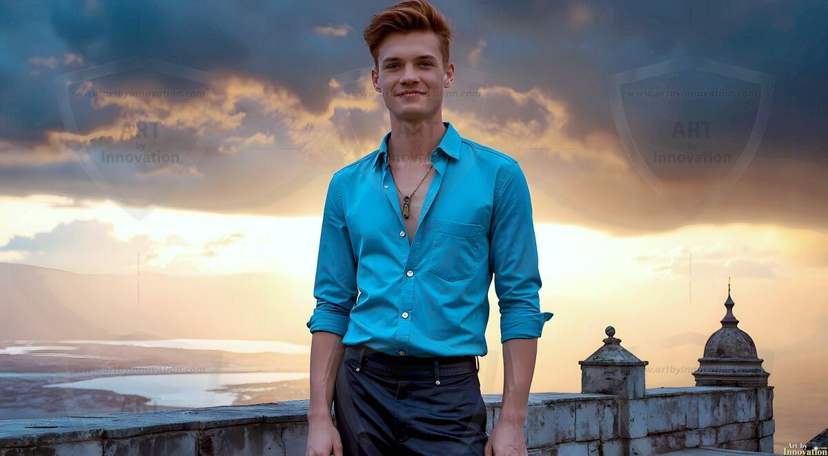 AI-generated Golden City Young Men — beautiful handsome young men in their teens and 20s on balconies overlooking a majestic golden heavenly city. 349 images by Jeff Dupler.