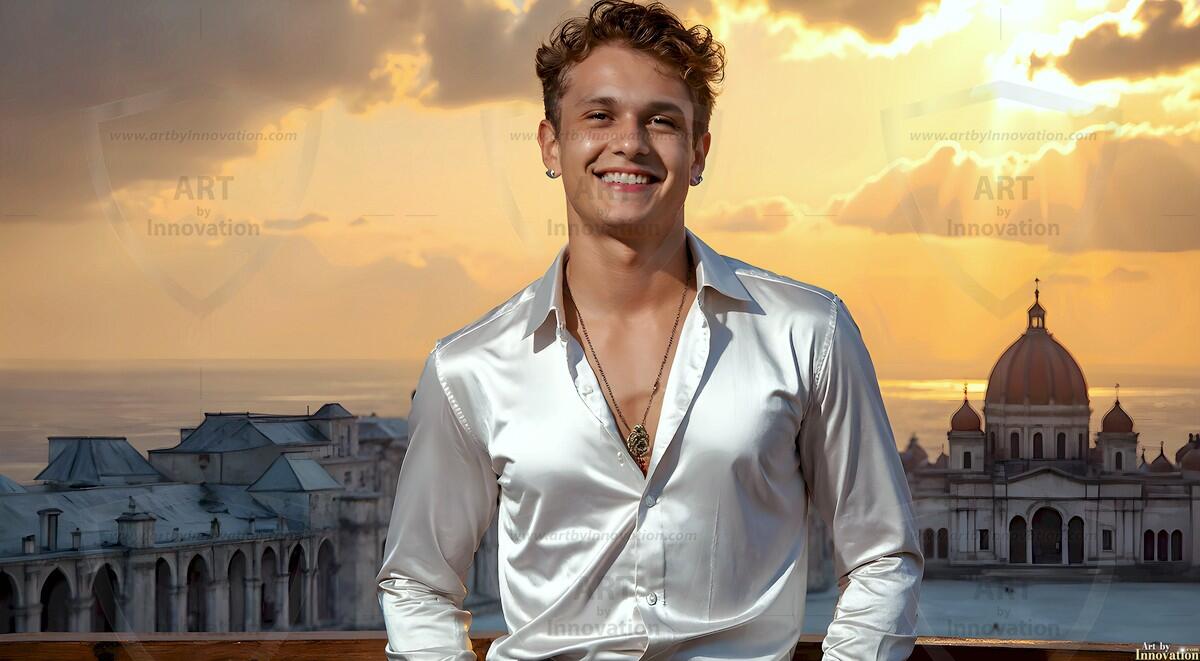 AI-generated Golden City Young Men — beautiful handsome young men in their teens and 20s on balconies overlooking a majestic golden heavenly city. 349 images by Jeff Dupler.