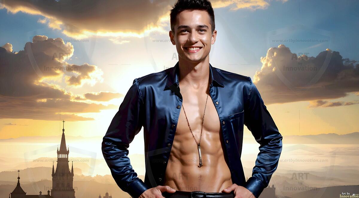 AI-generated Golden City Young Men — beautiful handsome young men in their teens and 20s on balconies overlooking a majestic golden heavenly city. 349 images by Jeff Dupler.
