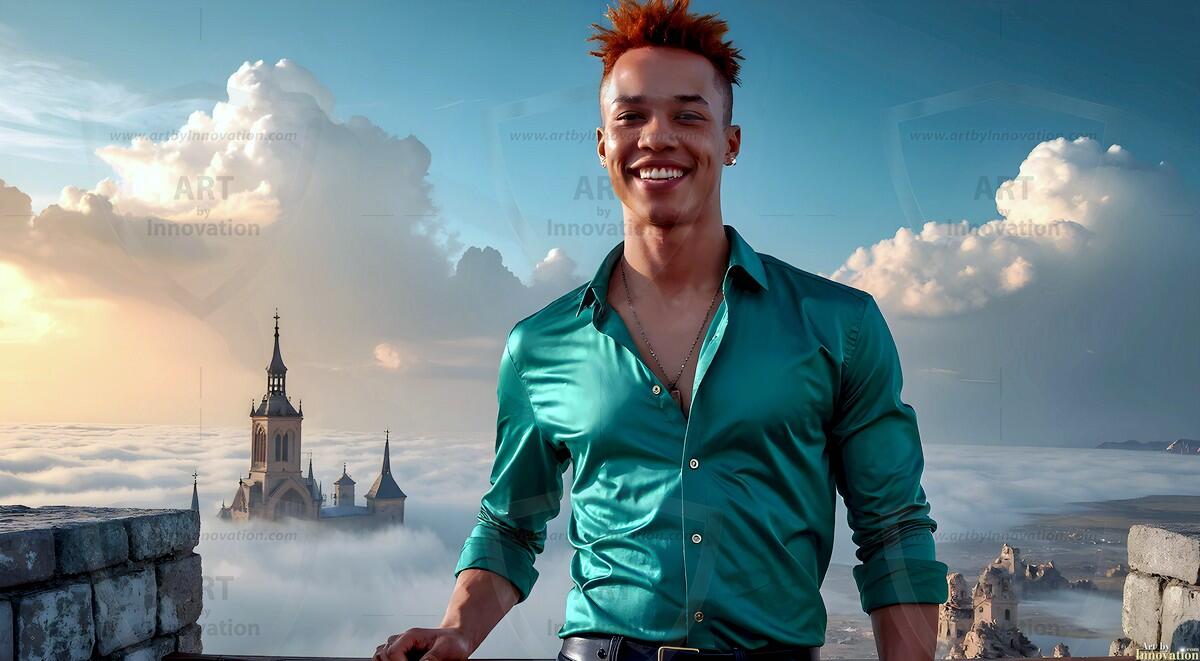 AI-generated Golden City Young Men — beautiful handsome young men in their teens and 20s on balconies overlooking a majestic golden heavenly city. 349 images by Jeff Dupler.