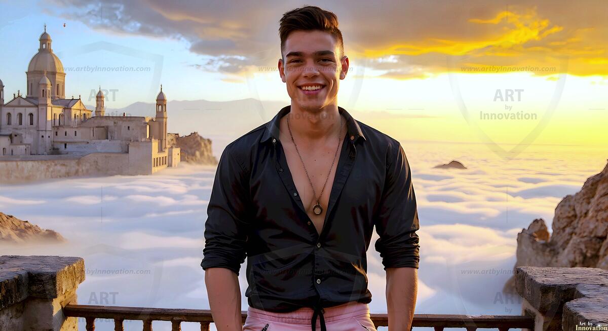 AI-generated Golden City Young Men — beautiful handsome young men in their teens and 20s on balconies overlooking a majestic golden heavenly city. 349 images by Jeff Dupler.