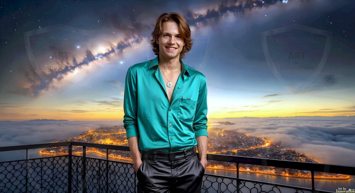 AI-generated Golden City Young Men — beautiful handsome young men in their teens and 20s on balconies overlooking a majestic golden heavenly city. 349 images by Jeff Dupler.