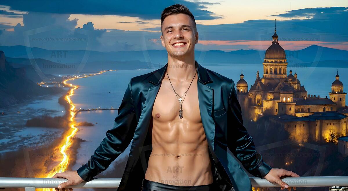 AI-generated Golden City Young Men — beautiful handsome young men in their teens and 20s on balconies overlooking a majestic golden heavenly city. 349 images by Jeff Dupler.