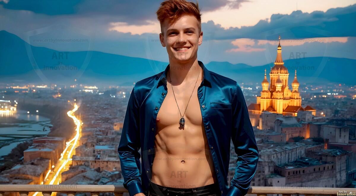 AI-generated Golden City Young Men — beautiful handsome young men in their teens and 20s on balconies overlooking a majestic golden heavenly city. 349 images by Jeff Dupler.