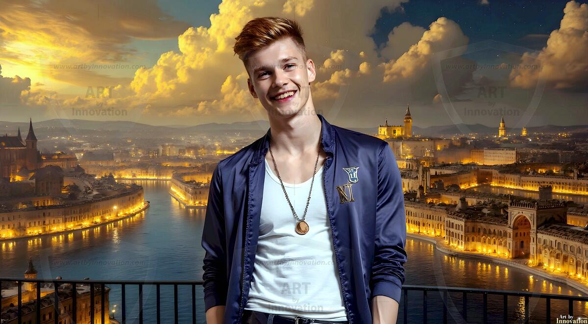 AI-generated Golden City Young Men — beautiful handsome young men in their teens and 20s on balconies overlooking a majestic golden heavenly city. 349 images by Jeff Dupler.
