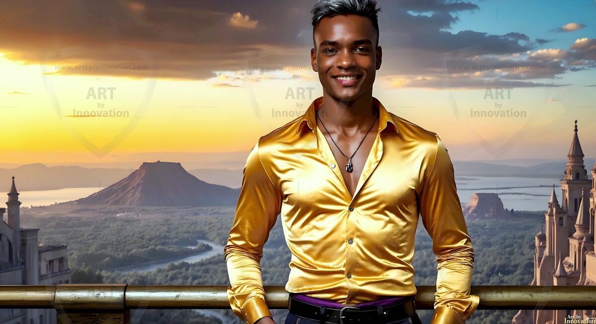 AI-generated Golden City Young Men — beautiful handsome young men in their teens and 20s on balconies overlooking a majestic golden heavenly city. 349 images by Jeff Dupler.