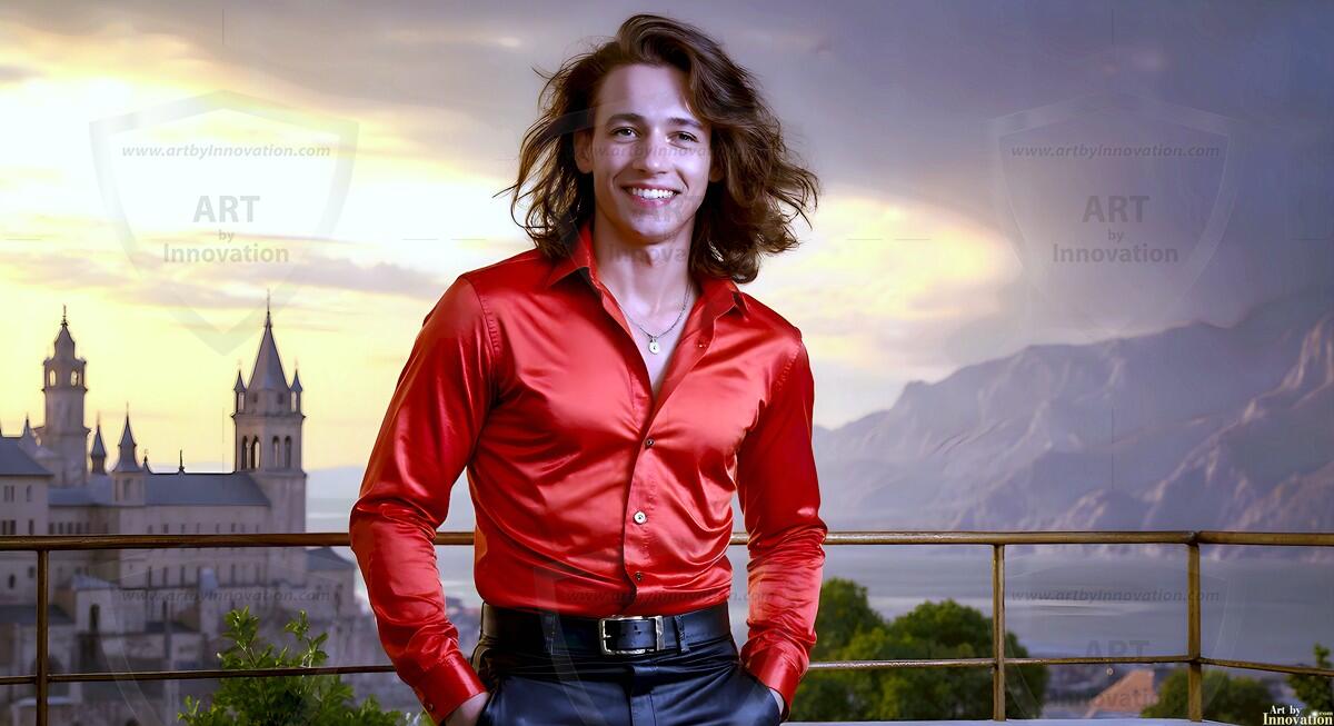 AI-generated Golden City Young Men — beautiful handsome young men in their teens and 20s on balconies overlooking a majestic golden heavenly city. 349 images by Jeff Dupler.
