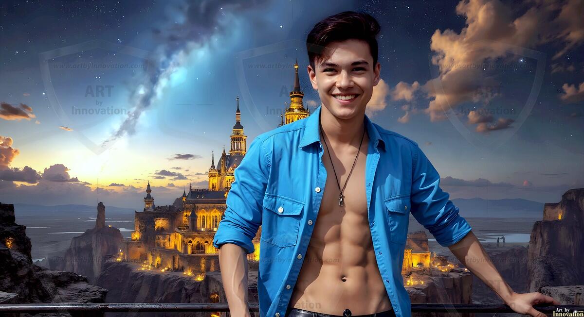 AI-generated Golden City Young Men — beautiful handsome young men in their teens and 20s on balconies overlooking a majestic golden heavenly city. 349 images by Jeff Dupler.