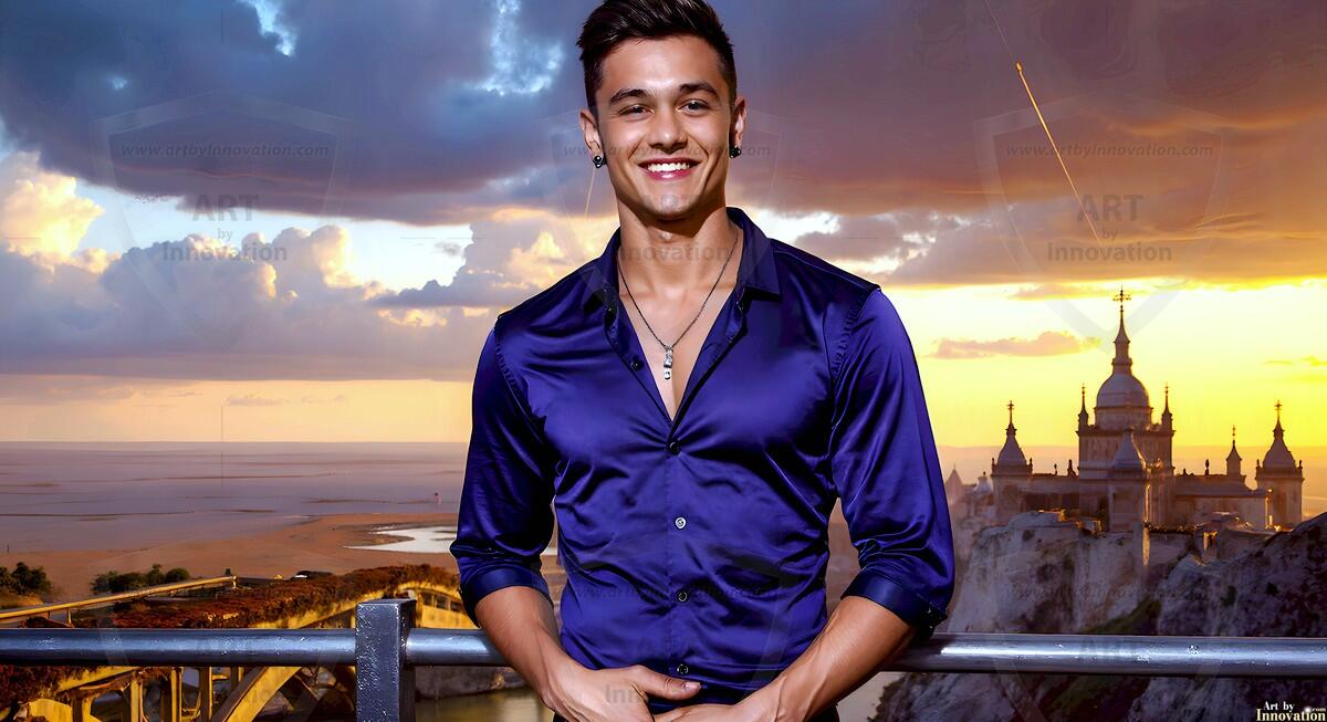 AI-generated Golden City Young Men — beautiful handsome young men in their teens and 20s on balconies overlooking a majestic golden heavenly city. 349 images by Jeff Dupler.