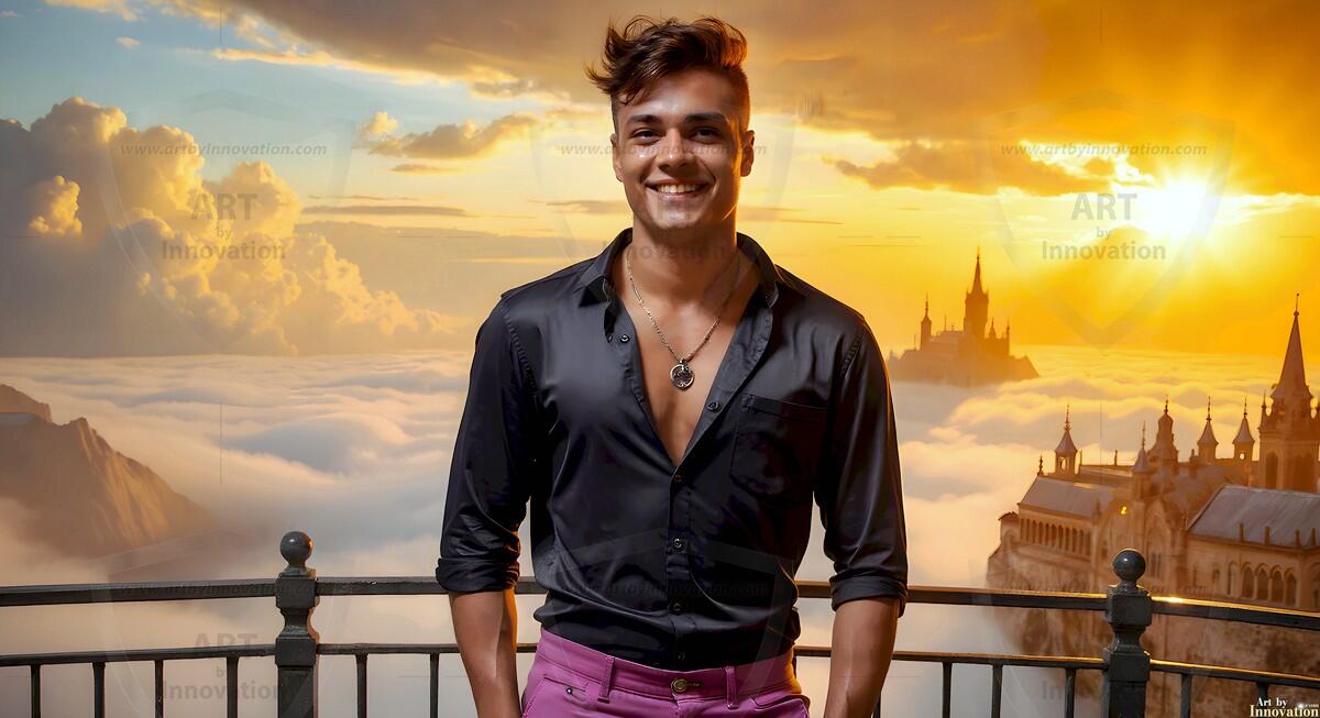 AI-generated Golden City Young Men — beautiful handsome young men in their teens and 20s on balconies overlooking a majestic golden heavenly city. 349 images by Jeff Dupler.