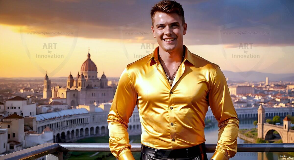 AI-generated Golden City Young Men — beautiful handsome young men in their teens and 20s on balconies overlooking a majestic golden heavenly city. 349 images by Jeff Dupler.