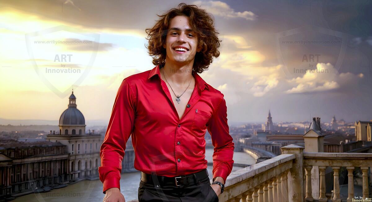 AI-generated Golden City Young Men — beautiful handsome young men in their teens and 20s on balconies overlooking a majestic golden heavenly city. 349 images by Jeff Dupler.