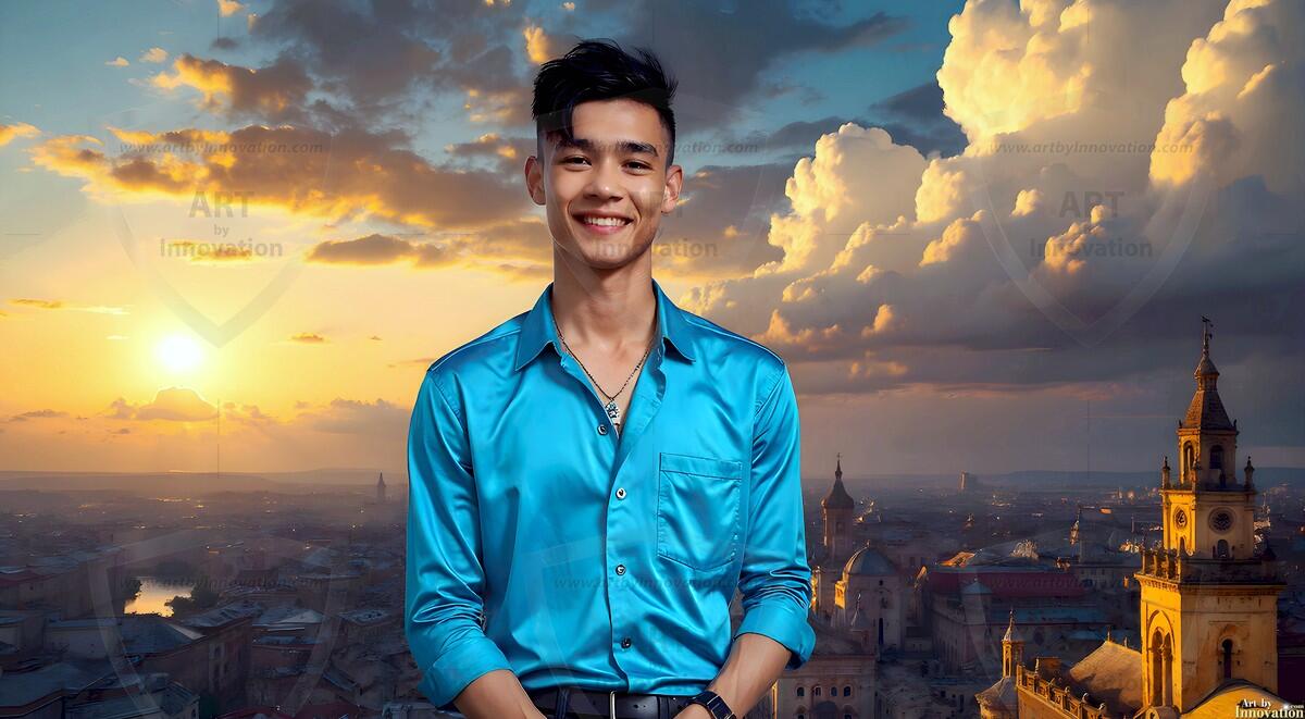 AI-generated Golden City Young Men — beautiful handsome young men in their teens and 20s on balconies overlooking a majestic golden heavenly city. 349 images by Jeff Dupler.