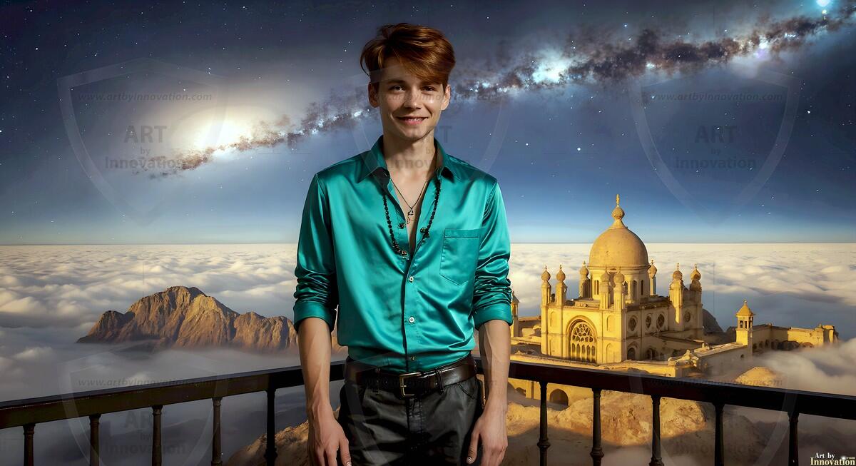 AI-generated Golden City Young Men — beautiful handsome young men in their teens and 20s on balconies overlooking a majestic golden heavenly city. 349 images by Jeff Dupler.