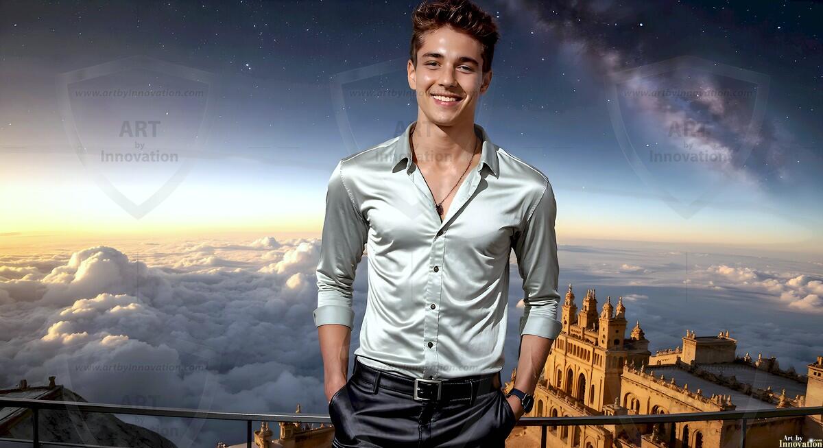 AI-generated Golden City Young Men — beautiful handsome young men in their teens and 20s on balconies overlooking a majestic golden heavenly city. 349 images by Jeff Dupler.