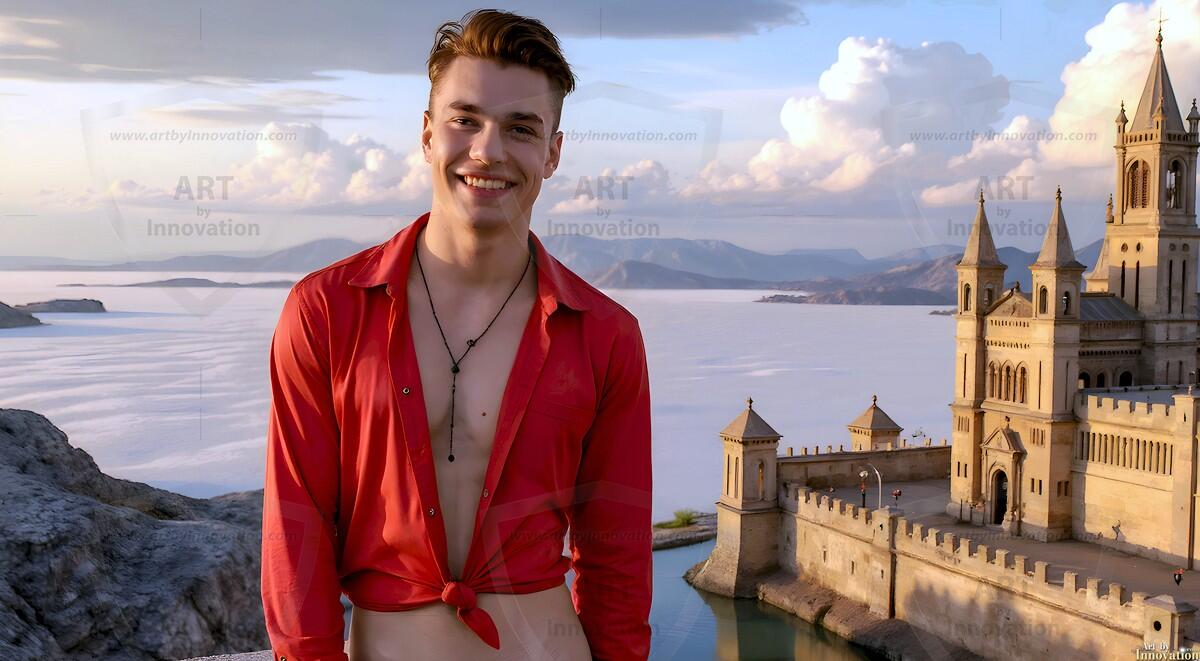 AI-generated Golden City Young Men — beautiful handsome young men in their teens and 20s on balconies overlooking a majestic golden heavenly city. 349 images by Jeff Dupler.