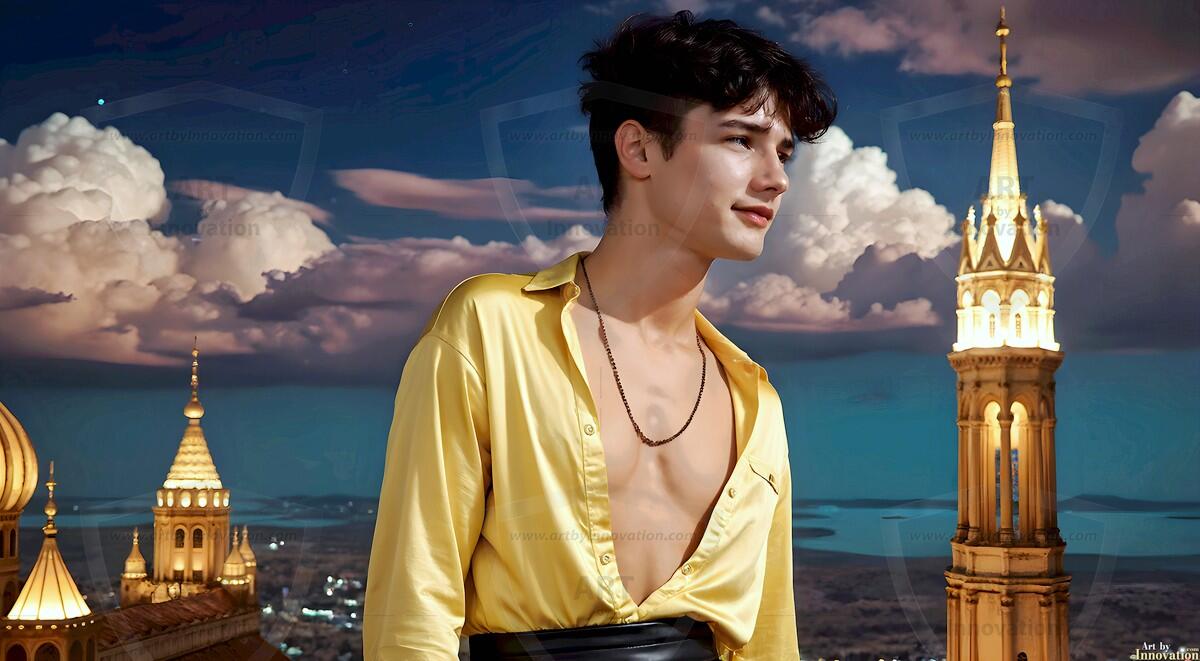 AI-generated Golden City Young Men — beautiful handsome young men in their teens and 20s on balconies overlooking a majestic golden heavenly city. 349 images by Jeff Dupler.