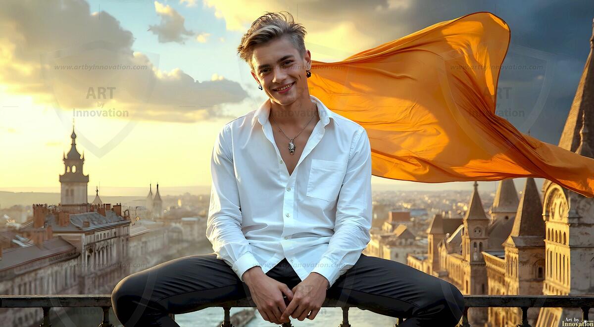 AI-generated Golden City Young Men — beautiful handsome young men in their teens and 20s on balconies overlooking a majestic golden heavenly city. 349 images by Jeff Dupler.