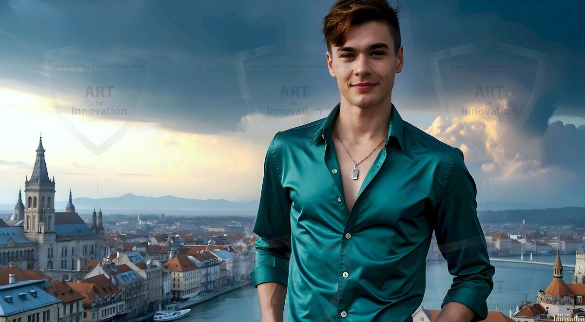 AI-generated Golden City Young Men — beautiful handsome young men in their teens and 20s on balconies overlooking a majestic golden heavenly city. 349 images by Jeff Dupler.