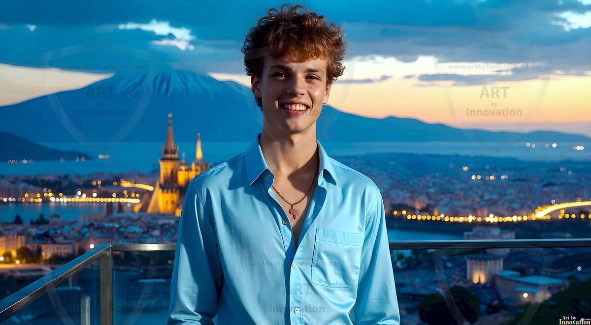 AI-generated Golden City Young Men — beautiful handsome young men in their teens and 20s on balconies overlooking a majestic golden heavenly city. 349 images by Jeff Dupler.