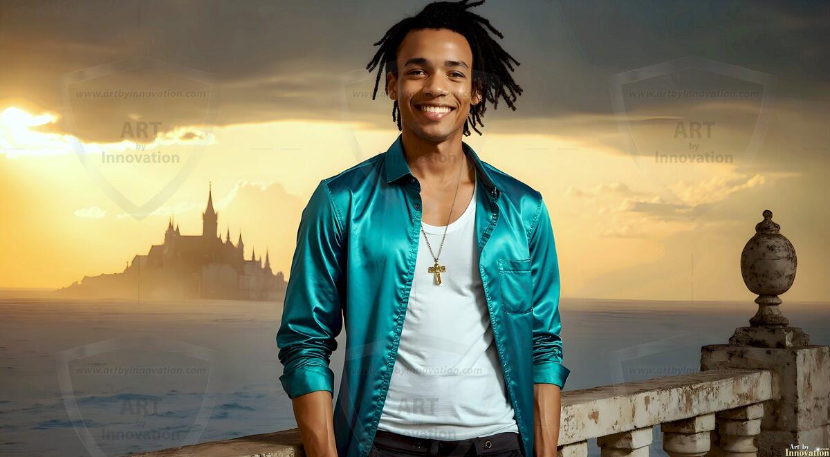 AI-generated Golden City Young Men — beautiful handsome young men in their teens and 20s on balconies overlooking a majestic golden heavenly city. 349 images by Jeff Dupler.