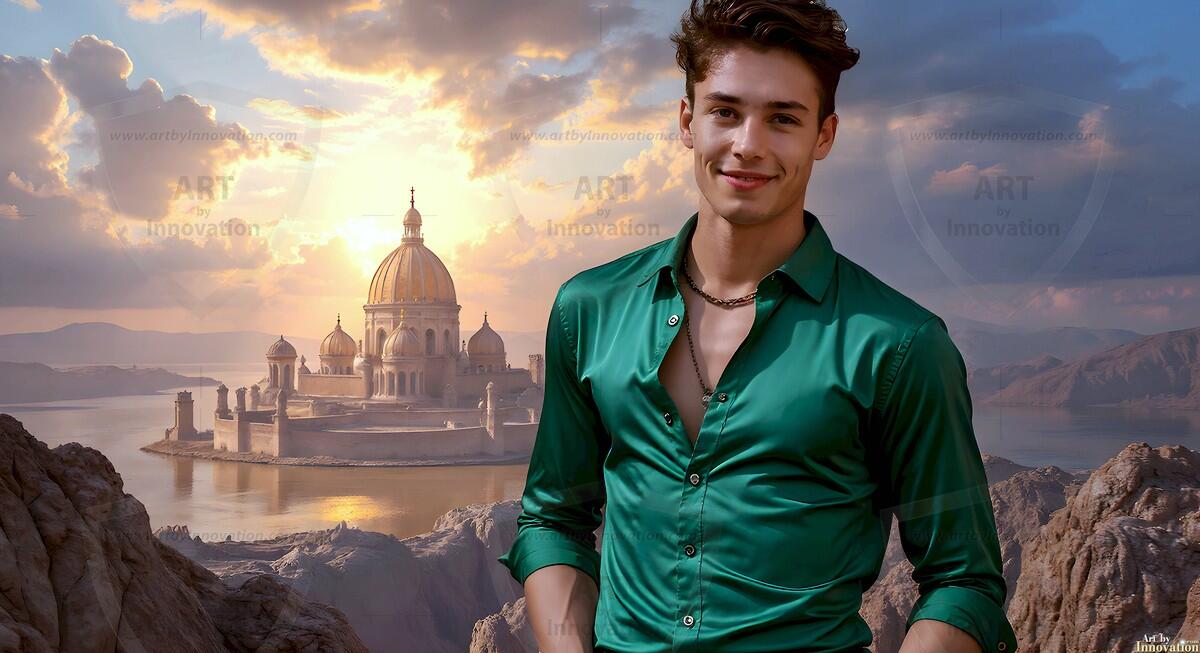 AI-generated Golden City Young Men — beautiful handsome young men in their teens and 20s on balconies overlooking a majestic golden heavenly city. 349 images by Jeff Dupler.