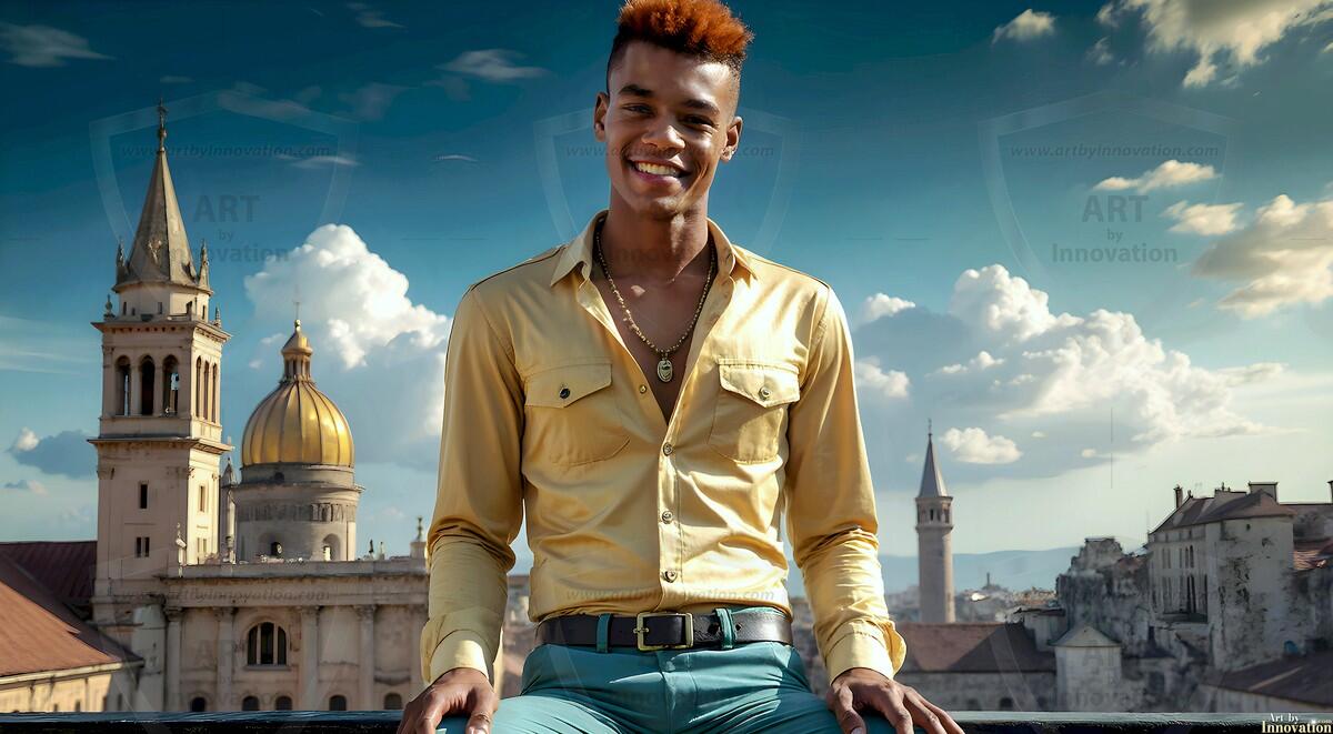 AI-generated Golden City Young Men — beautiful handsome young men in their teens and 20s on balconies overlooking a majestic golden heavenly city. 349 images by Jeff Dupler.
