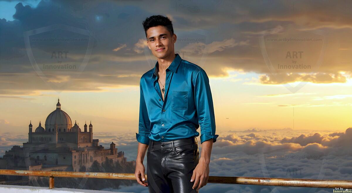 AI-generated Golden City Young Men — beautiful handsome young men in their teens and 20s on balconies overlooking a majestic golden heavenly city. 349 images by Jeff Dupler.