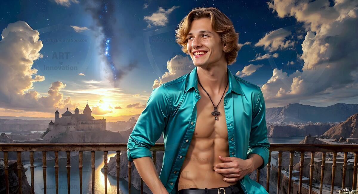 AI-generated Golden City Young Men — beautiful handsome young men in their teens and 20s on balconies overlooking a majestic golden heavenly city. 349 images by Jeff Dupler.