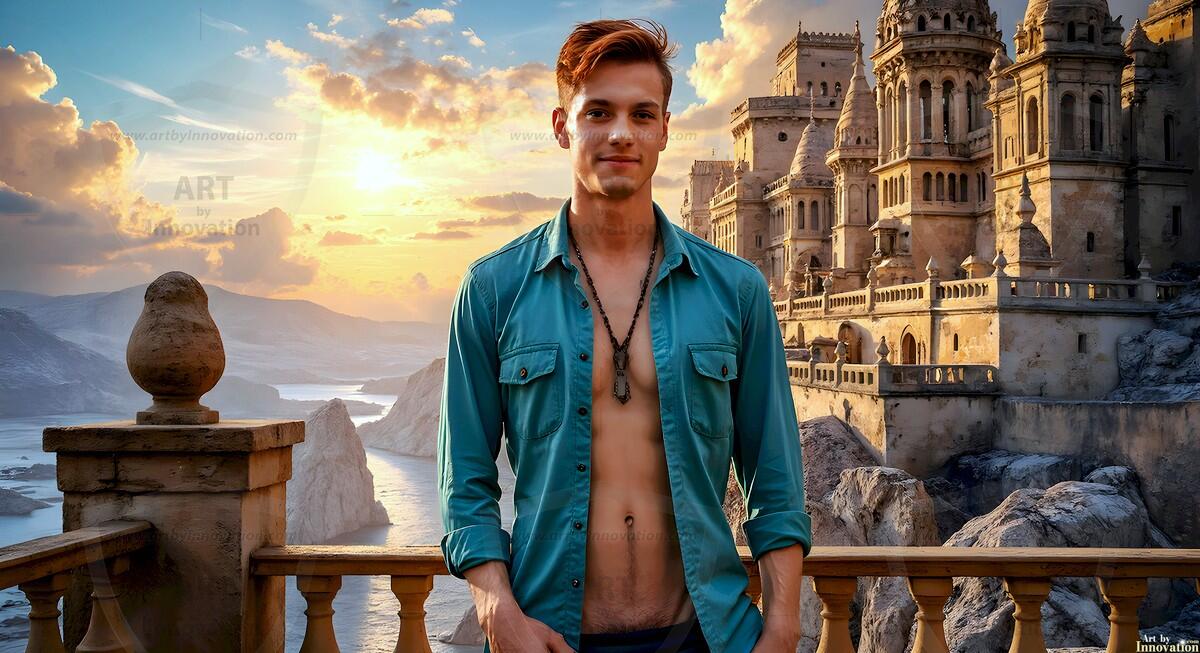 AI-generated Golden City Young Men — beautiful handsome young men in their teens and 20s on balconies overlooking a majestic golden heavenly city. 349 images by Jeff Dupler.
