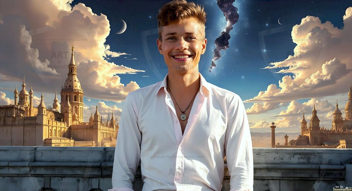 AI-generated Golden City Young Men — beautiful handsome young men in their teens and 20s on balconies overlooking a majestic golden heavenly city. 349 images by Jeff Dupler.