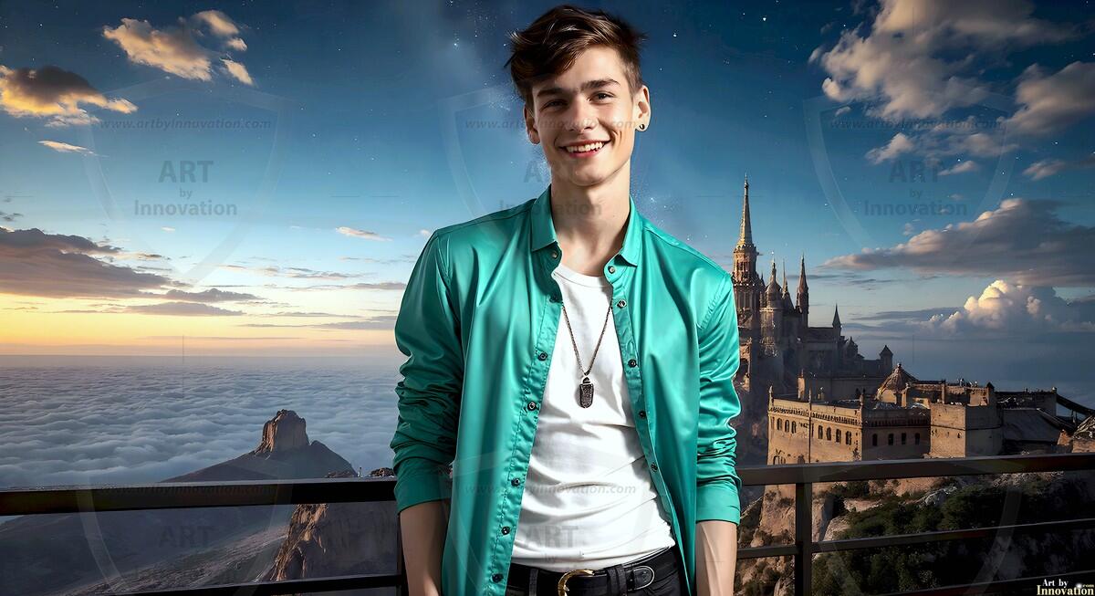 AI-generated Golden City Young Men — beautiful handsome young men in their teens and 20s on balconies overlooking a majestic golden heavenly city. 349 images by Jeff Dupler.