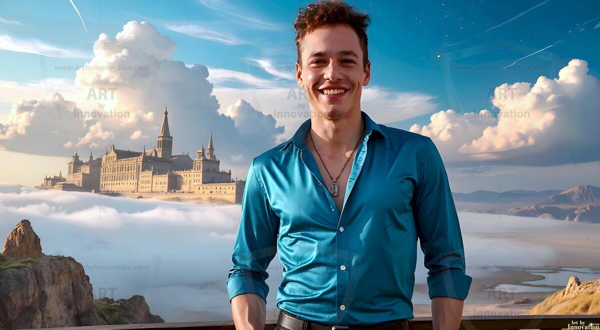 AI-generated Golden City Young Men — beautiful handsome young men in their teens and 20s on balconies overlooking a majestic golden heavenly city. 349 images by Jeff Dupler.