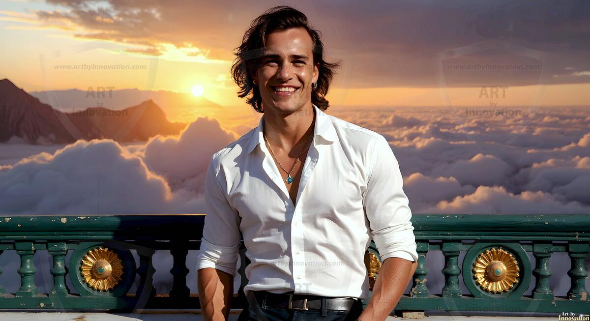 AI-generated Golden City Young Men — beautiful handsome young men in their teens and 20s on balconies overlooking a majestic golden heavenly city. 349 images by Jeff Dupler.