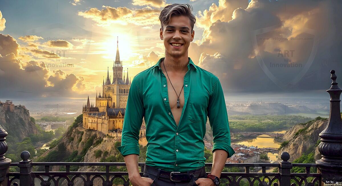 AI-generated Golden City Young Men — beautiful handsome young men in their teens and 20s on balconies overlooking a majestic golden heavenly city. 349 images by Jeff Dupler.