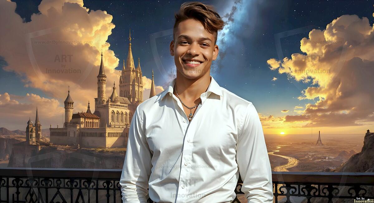 AI-generated Golden City Young Men — beautiful handsome young men in their teens and 20s on balconies overlooking a majestic golden heavenly city. 349 images by Jeff Dupler.