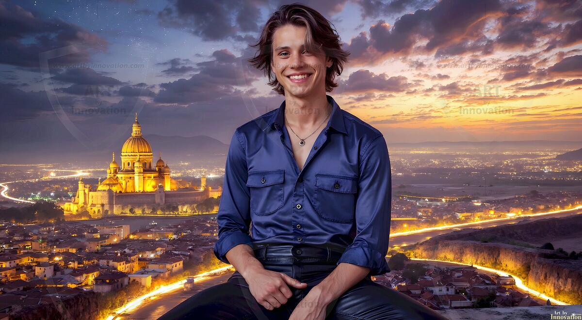 AI-generated Golden City Young Men — beautiful handsome young men in their teens and 20s on balconies overlooking a majestic golden heavenly city. 349 images by Jeff Dupler.