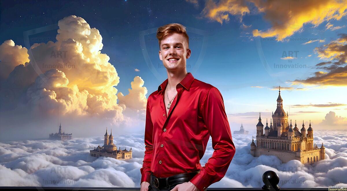 AI-generated Golden City Young Men — beautiful handsome young men in their teens and 20s on balconies overlooking a majestic golden heavenly city. 349 images by Jeff Dupler.