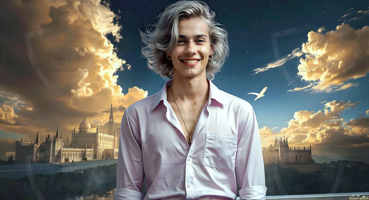 AI-generated Golden City Young Men — beautiful handsome young men in their teens and 20s on balconies overlooking a majestic golden heavenly city. 349 images by Jeff Dupler.