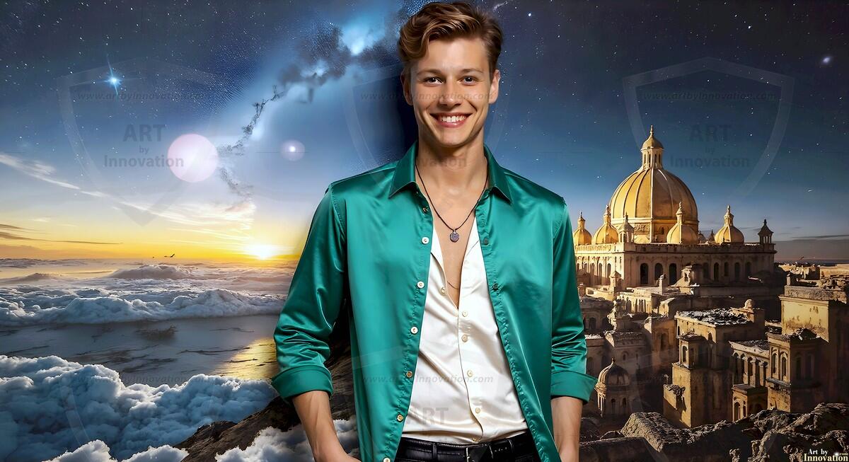 AI-generated Golden City Young Men — beautiful handsome young men in their teens and 20s on balconies overlooking a majestic golden heavenly city. 349 images by Jeff Dupler.