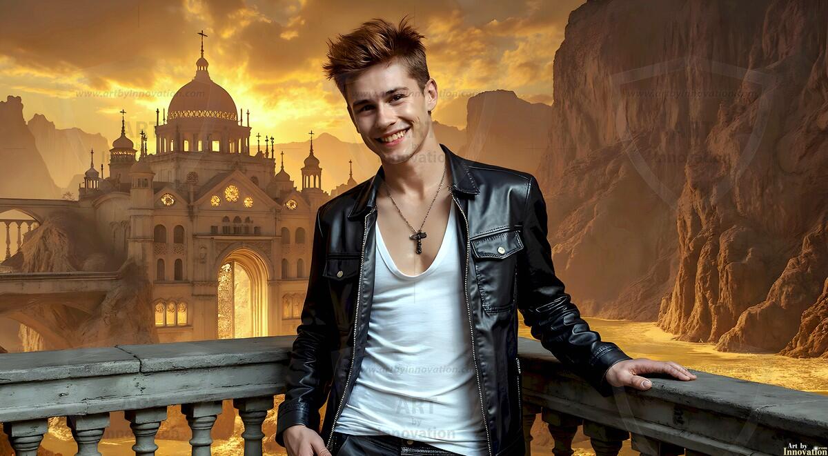AI-generated Golden City Young Men — beautiful handsome young men in their teens and 20s on balconies overlooking a majestic golden heavenly city. 349 images by Jeff Dupler.