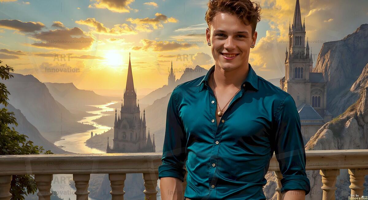 AI-generated Golden City Young Men — beautiful handsome young men in their teens and 20s on balconies overlooking a majestic golden heavenly city. 349 images by Jeff Dupler.