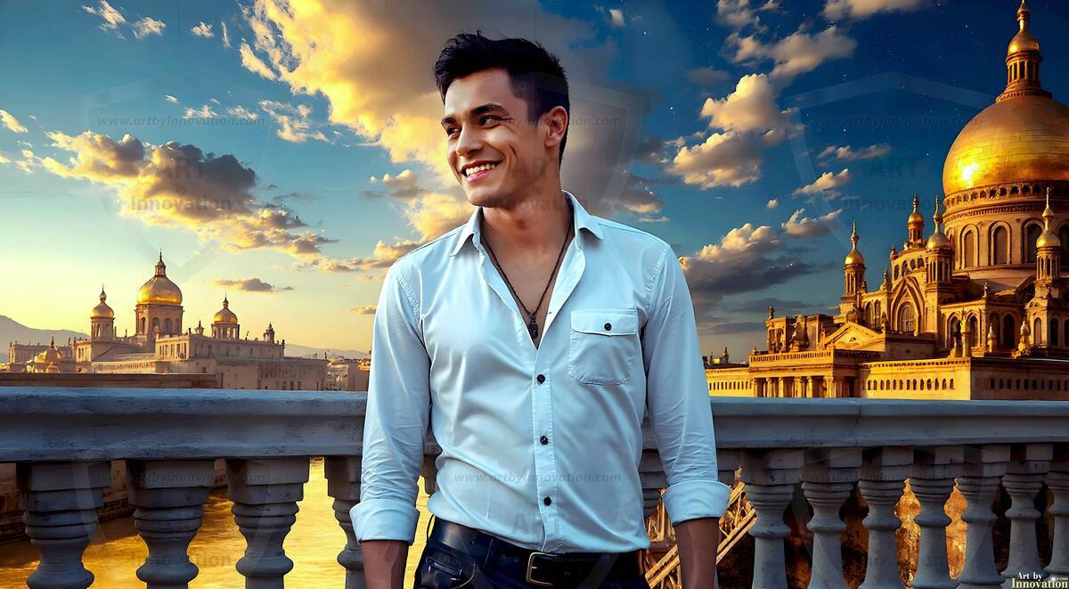 AI-generated Golden City Young Men — beautiful handsome young men in their teens and 20s on balconies overlooking a majestic golden heavenly city. 349 images by Jeff Dupler.