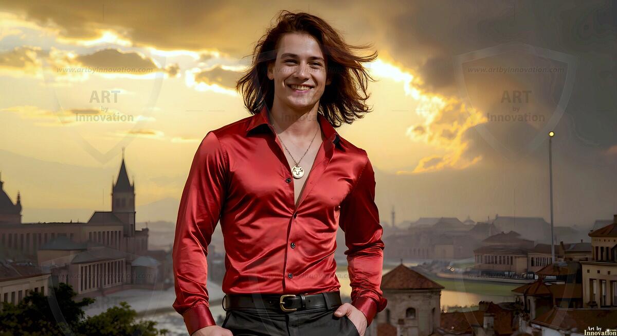 AI-generated Golden City Young Men — beautiful handsome young men in their teens and 20s on balconies overlooking a majestic golden heavenly city. 349 images by Jeff Dupler.