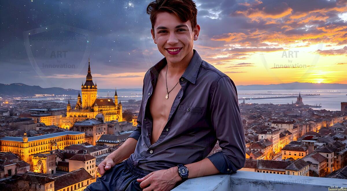 AI-generated Golden City Young Men — beautiful handsome young men in their teens and 20s on balconies overlooking a majestic golden heavenly city. 349 images by Jeff Dupler.